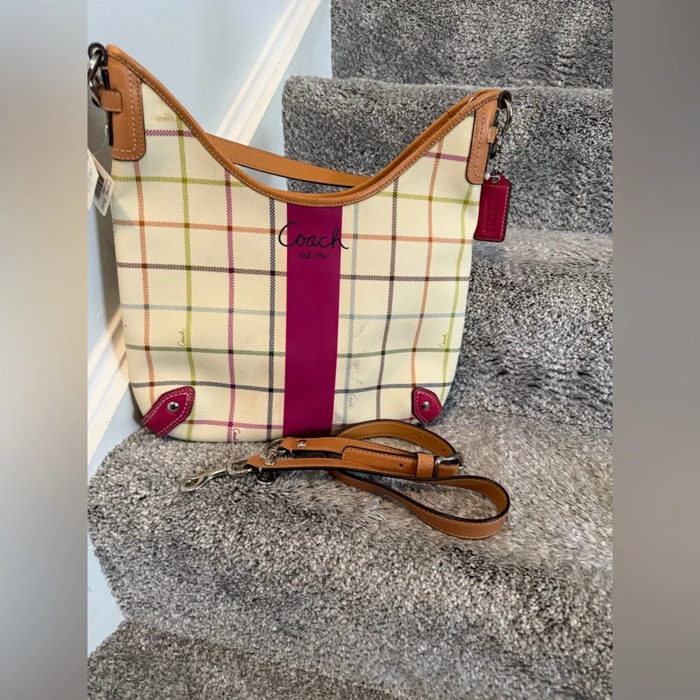 Coach Heritage Stripe Tattersall Plaid Hobo Shoulder Bag